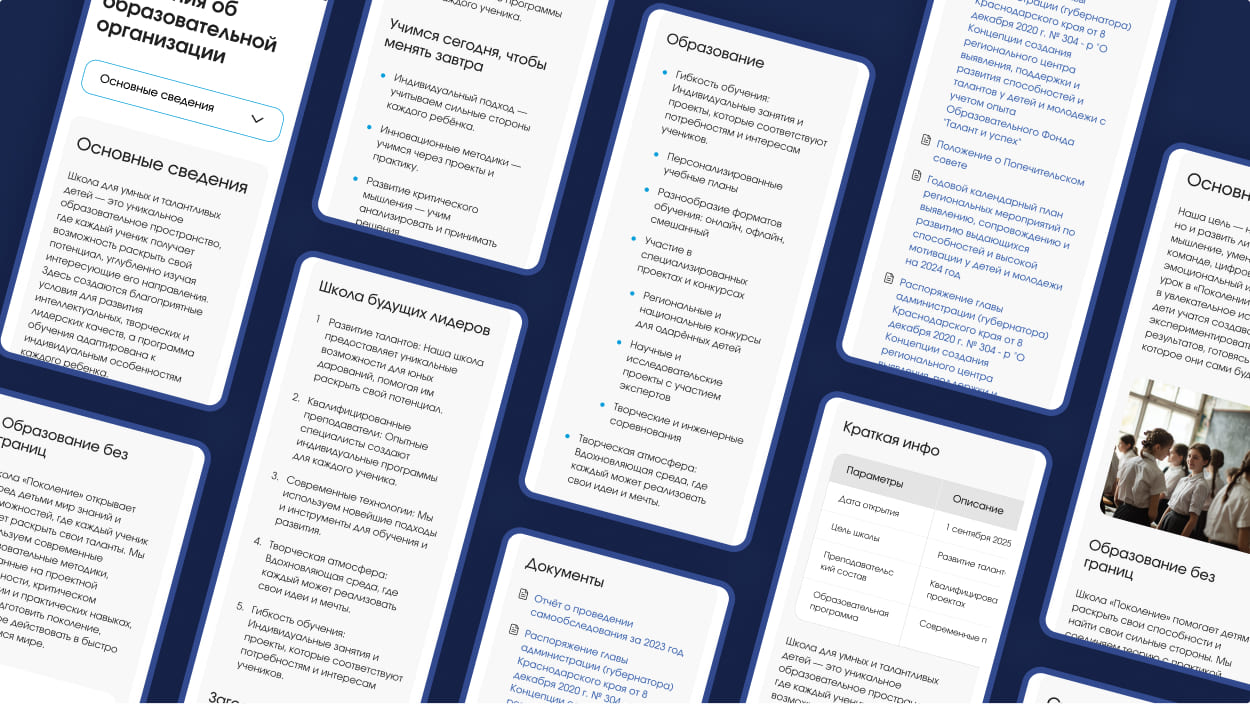 Разделы сайта с информацией о школе, профилях обучения и документах